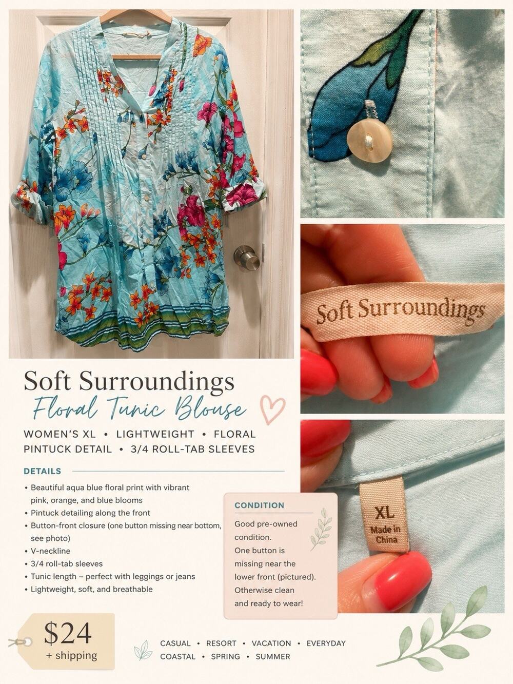 Soft Surroundings Boho Peasant Retro Resort Floral Aqua Blue Tunic Top Large